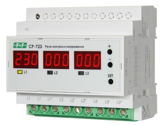 CP-723 Įtampos kontrolės relė 3F 3NO apatinė 140-210V, viršutinė 240-300V F&F