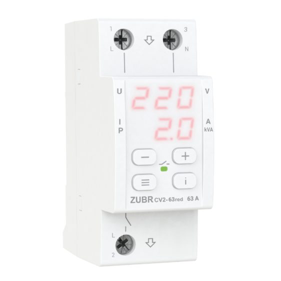 CV2-63 red Įtampos kontrolės relė su srovės valdymu 1F 1NO 63A apat.120-210V, viršut. 220-280V ZUBR