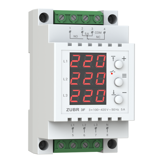 3F Įtampos kontrolės relė 3F 3NO 5A, apatinė 120-210V, viršutinė 220-280V ZUBR
